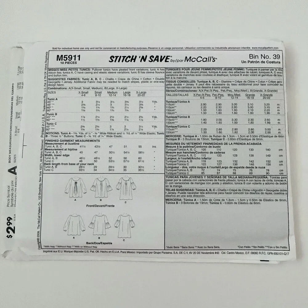 Stitch 'N Save by McCalls Sewing Pattern M5911 Babydoll Tunic Top Sz XS-M Uncut